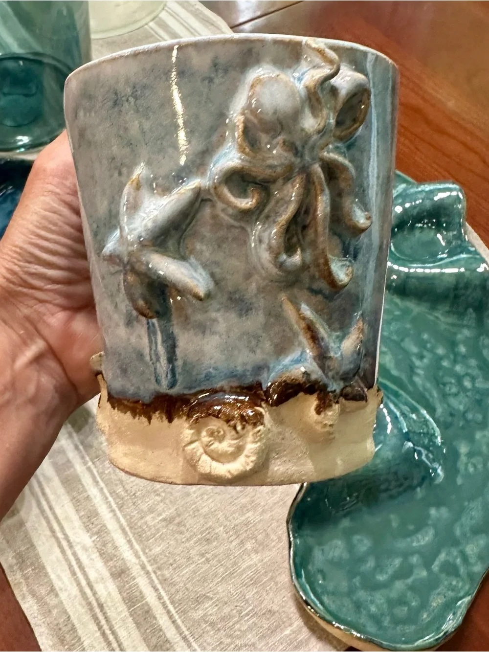 Handmade Sea Life Ceramic mug in Blue and Cream